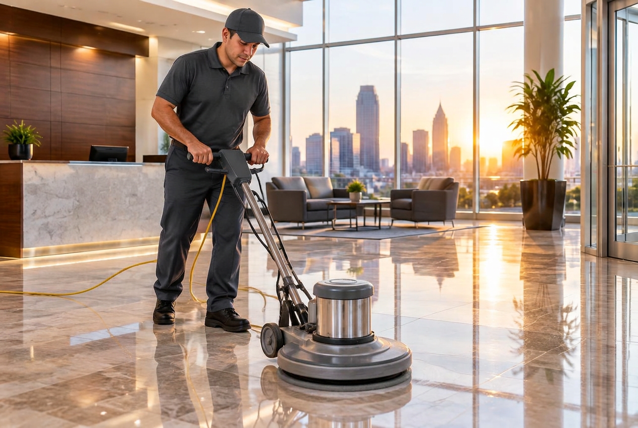 Enterprise Cleaning Group crew polishing a corporate lobby floor in Minneapolis